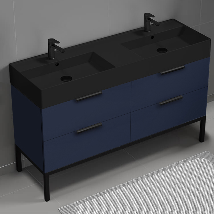 Nameeks DERIN462 Double Bathroom Vanity With Black Sink, Floor Standing, 56 Inch, Night Blue